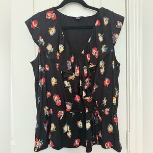 Lauren Ralph Lauren Faux Wrap Black Top with Colorful Floral Print and Ruffles